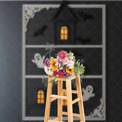 Aperturee - Aperturee Modern Framed Haunted House Photography Backdrop Minimalist Ghost and Bat Decor Spooky Chic Wall Art Background