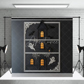 Aperturee - Aperturee Modern Framed Haunted House Photography Backdrop Minimalist Ghost and Bat Decor Spooky Chic Wall Art Background