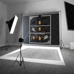 Aperturee - Aperturee Modern Framed Haunted House Photography Backdrop Minimalist Ghost and Bat Decor Spooky Chic Wall Art Background