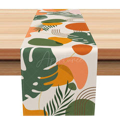 Aperturee - Aperturee Modern Geometric and Leaf Pattern Table Runner Abstract Botanical Greenery Fresh Farmhouse Kitchen Decor