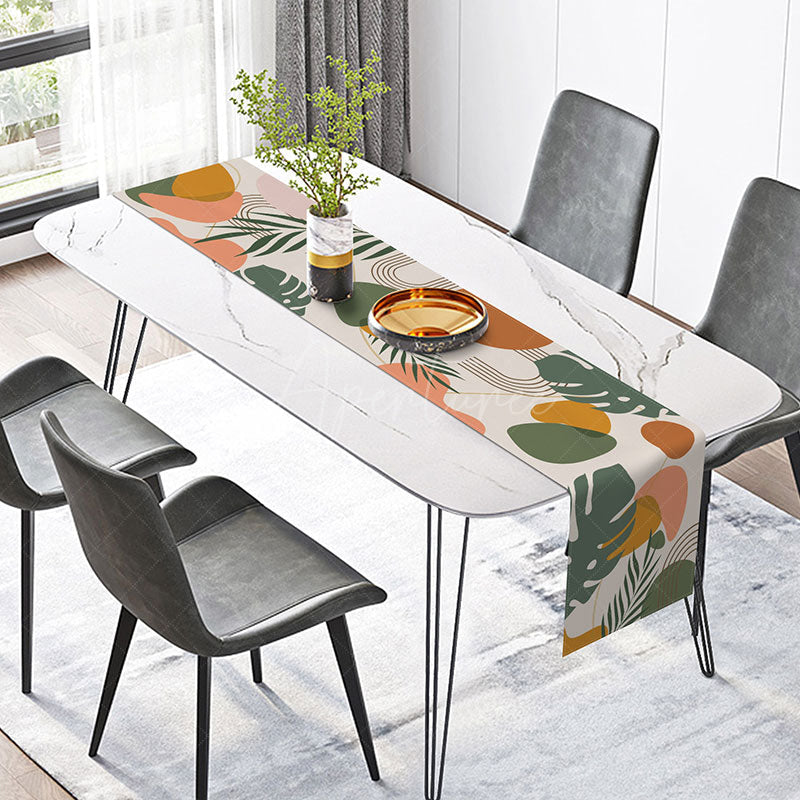 Aperturee - Aperturee Modern Geometric and Leaf Pattern Table Runner Abstract Botanical Greenery Fresh Farmhouse Kitchen Decor