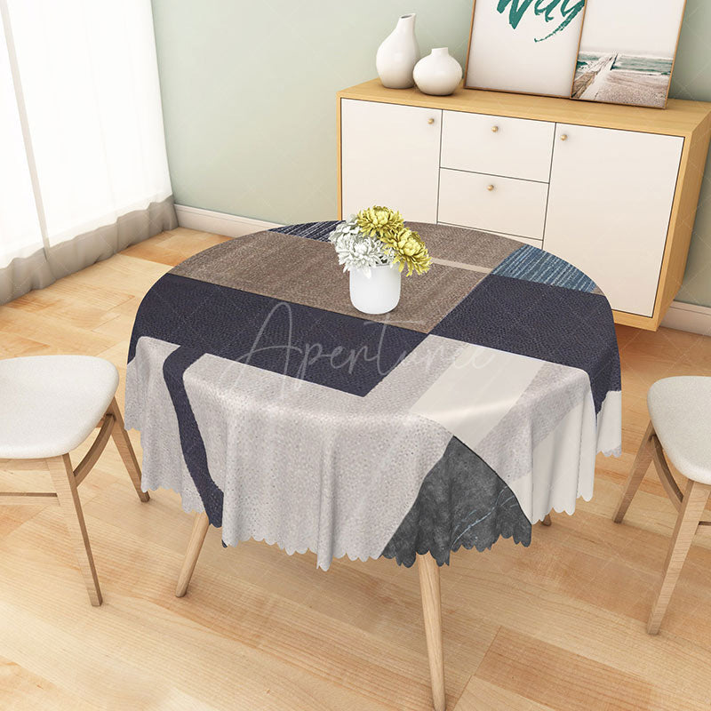 Aperturee - Aperturee Modern Geometric Patchwork Round Tablecloth in Brown and Gray for Neutral and Contemporary Decor