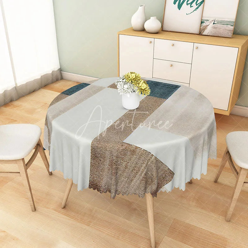 Aperturee - Aperturee Modern Geometric Patchwork Round Tablecloth in Grey Brown and Blue for Contemporary Abstract Decor