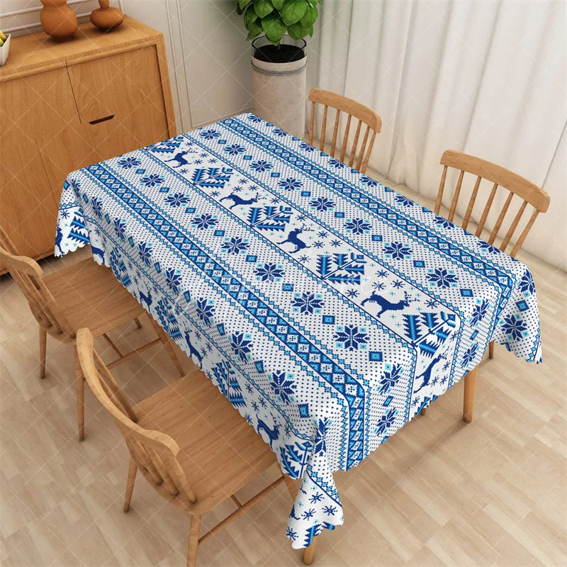 Aperturee - Aperturee Modern Geometric Rectangle Tablecloth Navy Blue with White Pattern Abstract Dining Table Cover Decor