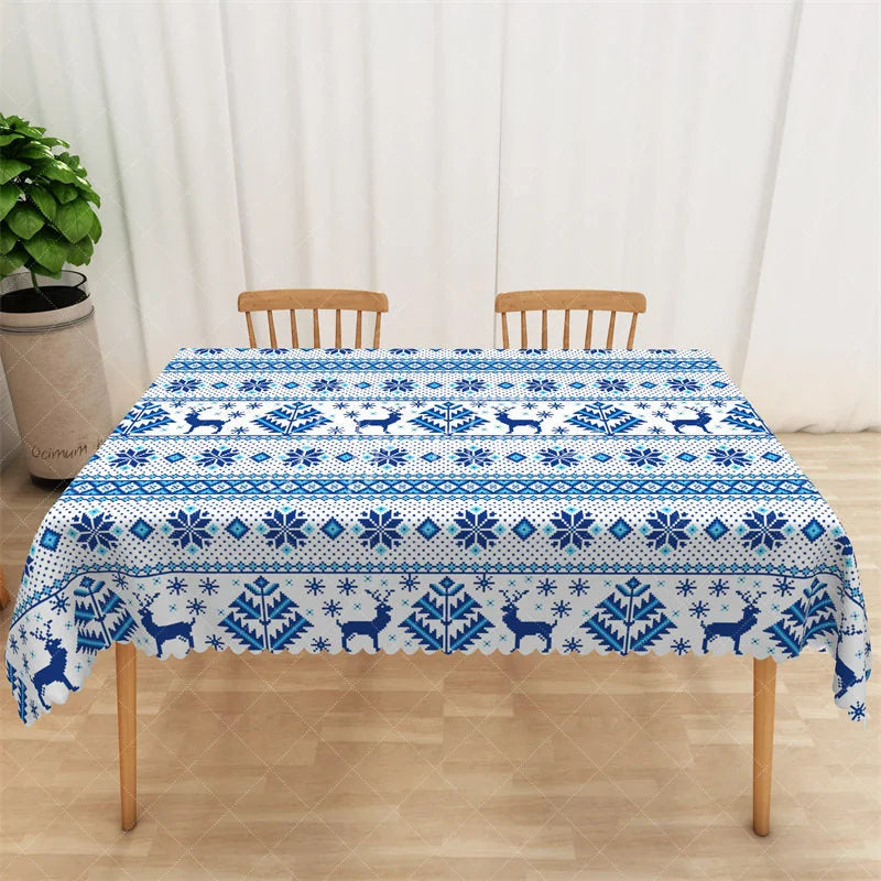 Aperturee - Aperturee Modern Geometric Rectangle Tablecloth Navy Blue with White Pattern Abstract Dining Table Cover Decor