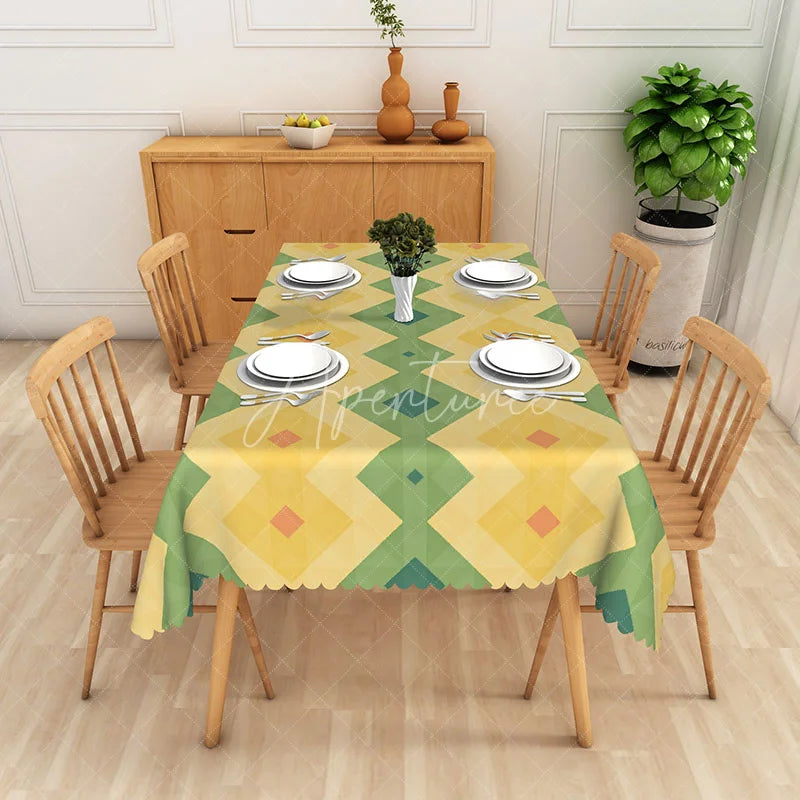 Aperturee - Aperturee Modern Geometric Tablecloth in Yellow and Green for Contemporary Kitchen and Mid-Century Style Decor