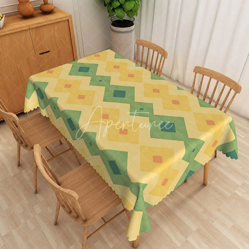Aperturee - Aperturee Modern Geometric Tablecloth in Yellow and Green for Contemporary Kitchen and Mid-Century Style Decor
