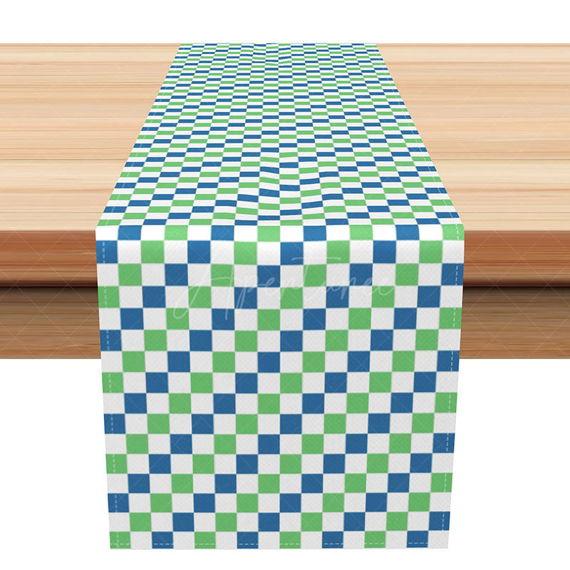 Aperturee - Aperturee Modern Gingham Table Runner in Green and Blue Contemporary Plaid for Everyday Kitchen and Dining