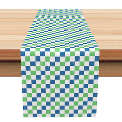 Aperturee - Aperturee Modern Gingham Table Runner in Green and Blue Contemporary Plaid for Everyday Kitchen and Dining