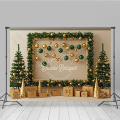 Aperturee - Aperturee Modern Gold and Green Christmas Photography Backdrop Garland Frame with Ornaments Elegant Holiday Photo Booth