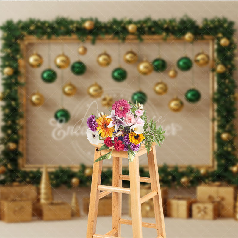 Aperturee - Aperturee Modern Gold and Green Christmas Photography Backdrop Garland Frame with Ornaments Elegant Holiday Photo Booth