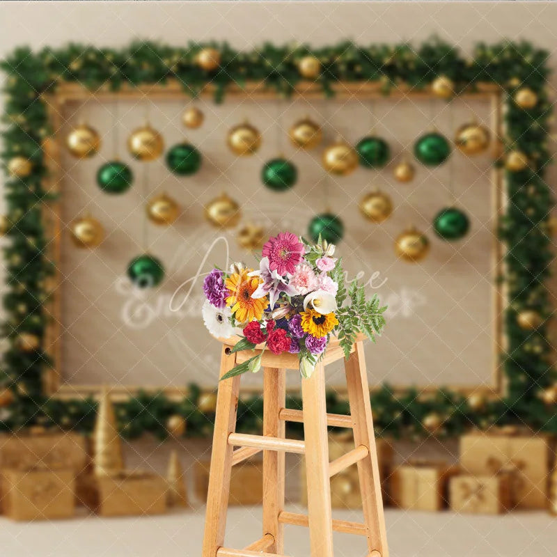 Aperturee - Aperturee Modern Gold and Green Christmas Photography Backdrop Garland Frame with Ornaments Elegant Holiday Photo Booth