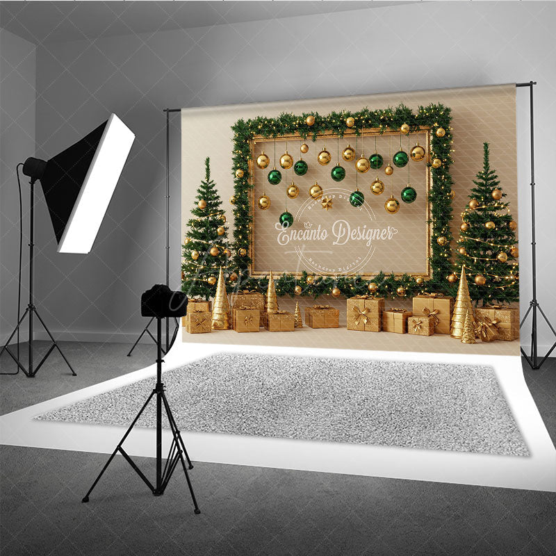 Aperturee - Aperturee Modern Gold and Green Christmas Photography Backdrop Garland Frame with Ornaments Elegant Holiday Photo Booth