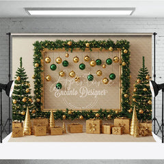 Aperturee - Aperturee Modern Gold and Green Christmas Photography Backdrop Garland Frame with Ornaments Elegant Holiday Photo Booth