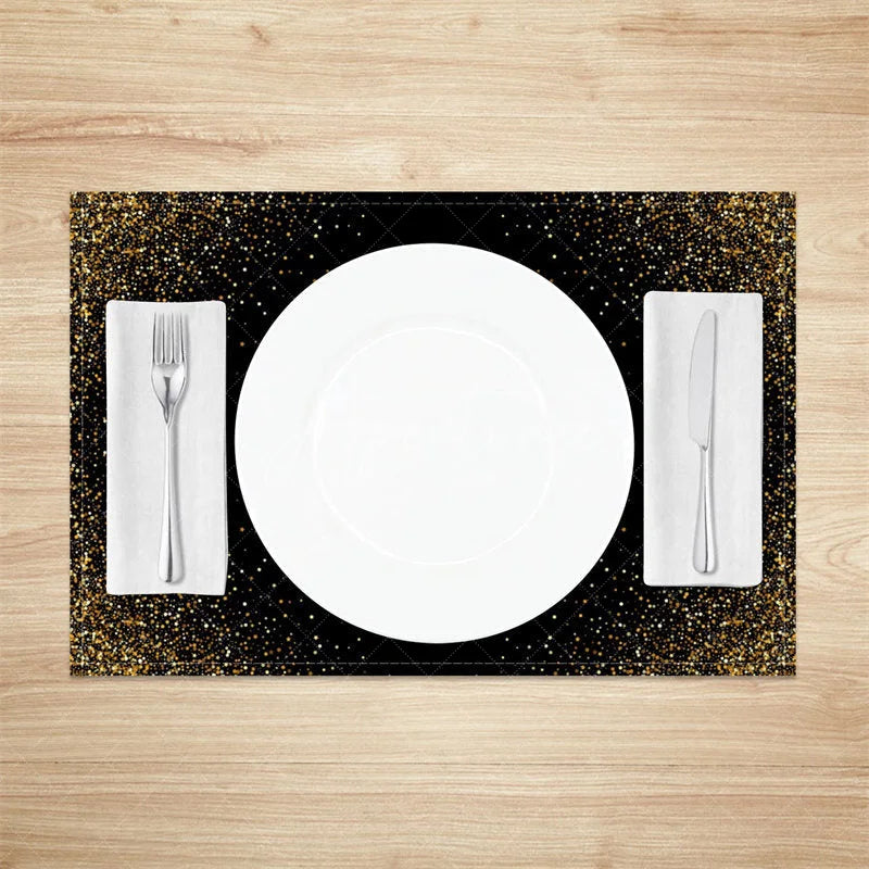 Aperturee - Aperturee Modern Gold Glitter Edge Set of 4 Placemats Elegant Abstract Design for Wedding and Holiday Parties