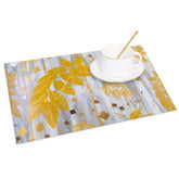 Aperturee - Aperturee Modern Gray and Yellow Leaf Pattern Set of 4 Placemats for Contemporary Fall and Autumn Kitchen Decor