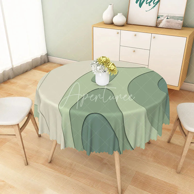 Aperturee - Aperturee Modern Green and Beige Stripe Round Tablecloth for Neutral and Earth Tone Kitchen Dining Decor