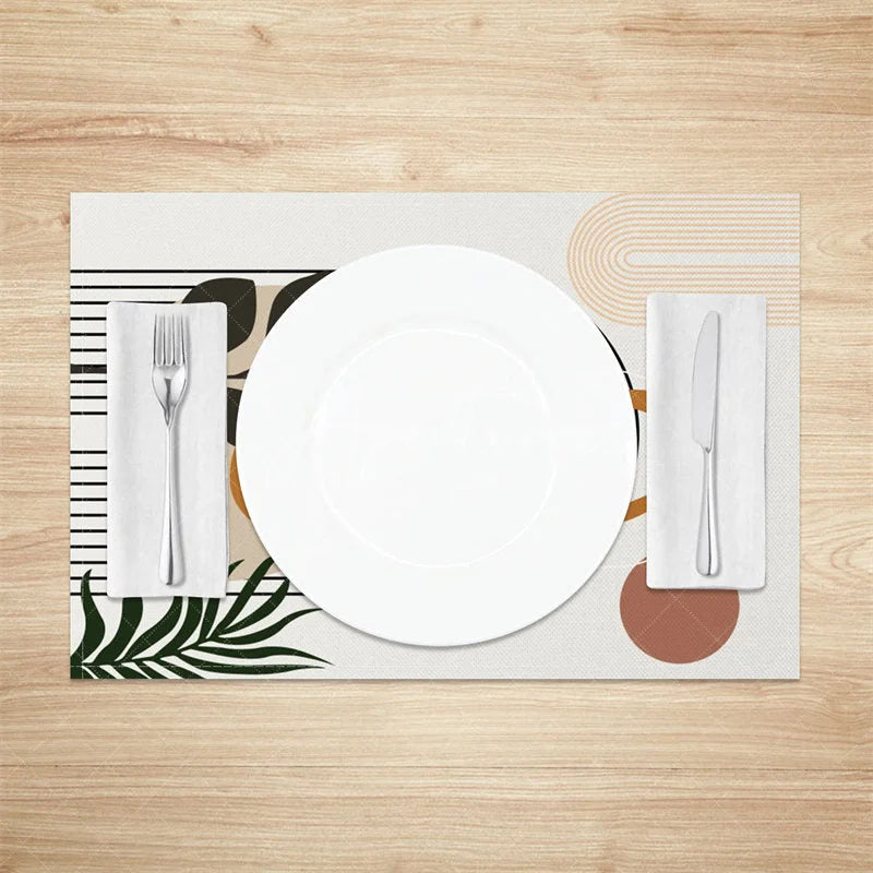 Aperturee - Aperturee Modern Green Leaf and Brown Circle Set of 4 Placemats for Mid-Century Geometric and Botanical Decor