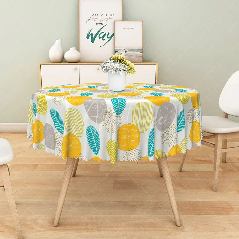 Aperturee - Aperturee Modern Green Leaf and Orange Dot Round Tablecloth for Fun and Contemporary Spring and Summer Decor