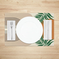 Aperturee - Aperturee Modern Green Leaf Stripe Geometric Set of 4 Placemats for Botanical and Contemporary Kitchen Decor