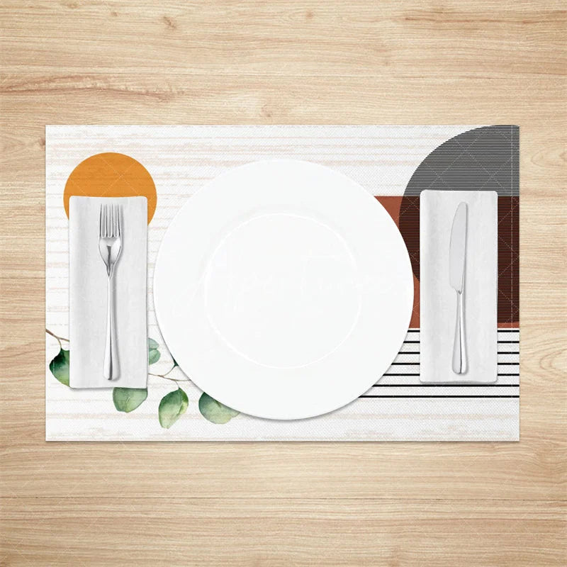 Aperturee - Aperturee Modern Green Leaf Stripe Geometric Set of 4 Placemats for Contemporary Botanical Kitchen Table Decor