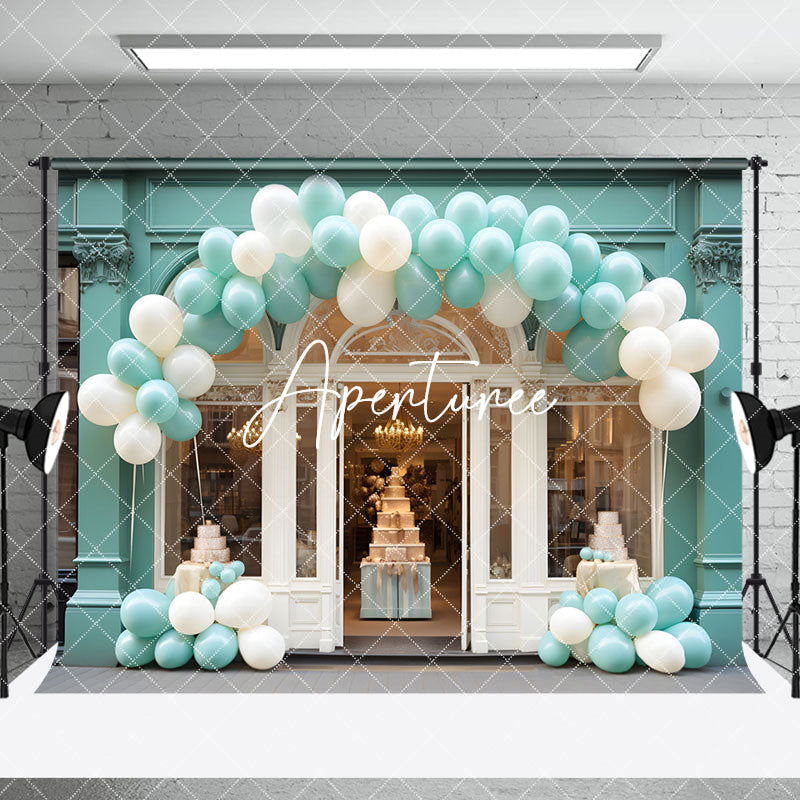 Aperturee - Aperturee Modern Green White Store Balloons Room Set Backdrop