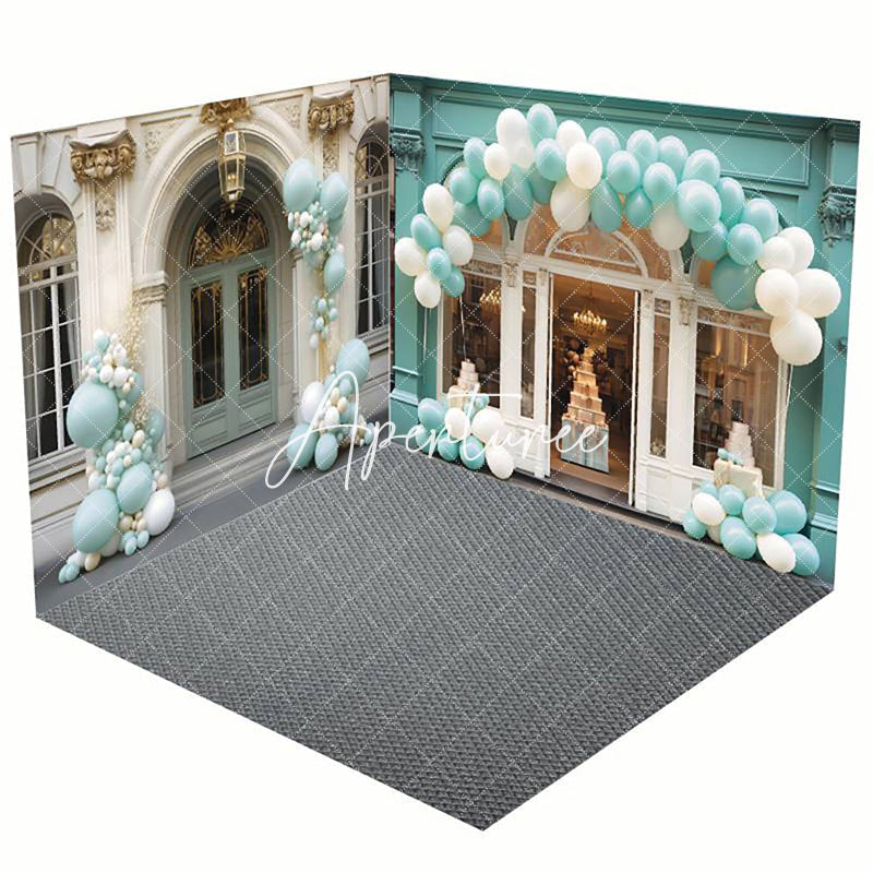 Aperturee - Aperturee Modern Green White Store Balloons Room Set Backdrop
