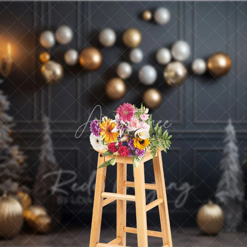 Aperturee - Aperturee Modern Grey and Gold Christmas Photography Backdrop Floating Ornaments with Flocked Trees Elegant Holiday Decor