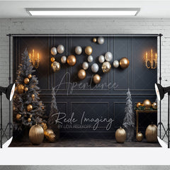 Aperturee - Aperturee Modern Grey and Gold Christmas Photography Backdrop Floating Ornaments with Flocked Trees Elegant Holiday Decor