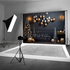 Aperturee - Aperturee Modern Grey and Gold Christmas Photography Backdrop Floating Ornaments with Flocked Trees Elegant Holiday Decor