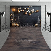Aperturee - Aperturee Modern Grey and Gold Christmas Sweep Backdrop Floating Ornaments with Marble Floor Elegant Holiday Decor