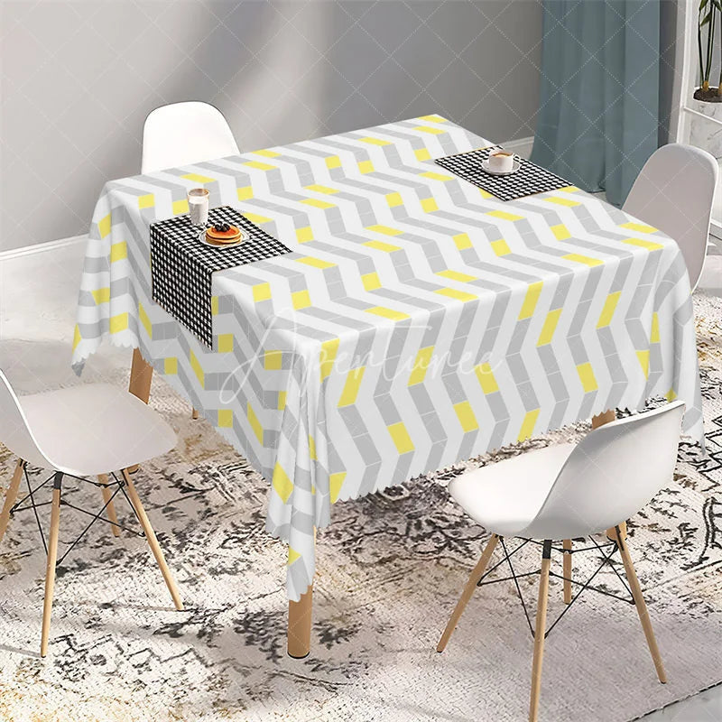 Aperturee - Aperturee Modern Grey and Yellow Chevron Rectangle Tablecloth Geometric Interlocking Block Pattern Table Cover
