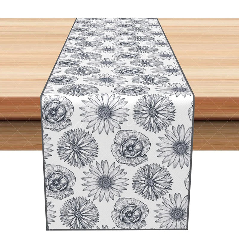 Aperturee - Aperturee Modern Grey Floral Table Runner with Daisy Silhouette Minimalist Farmhouse Kitchen Dining Decor
