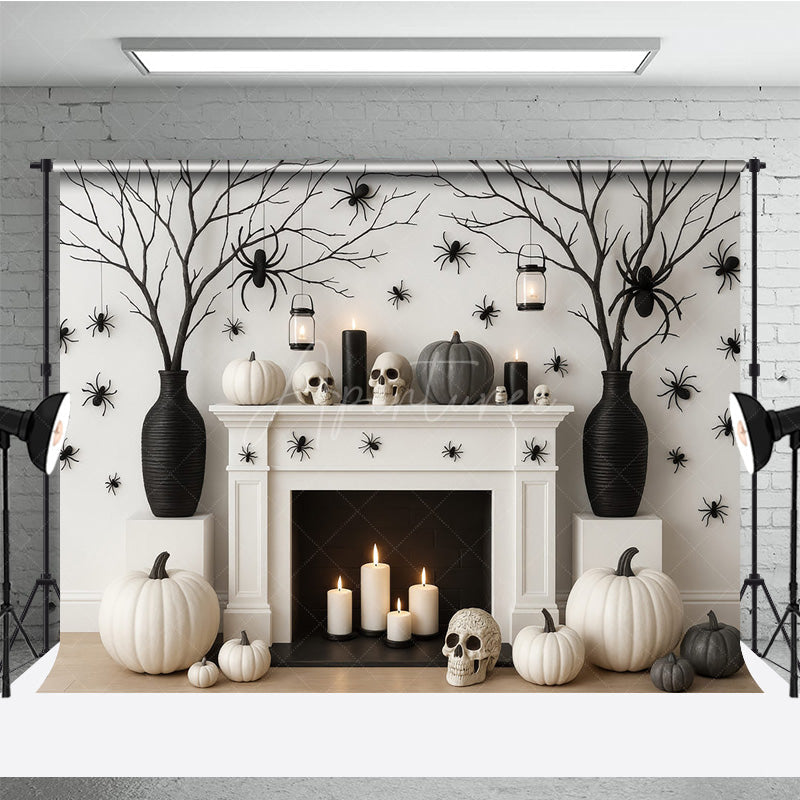 Aperturee - Aperturee Modern Halloween Fireplace Combo Set Backdrop Chic Black and White Decor Spooky Studio Photo Shoots