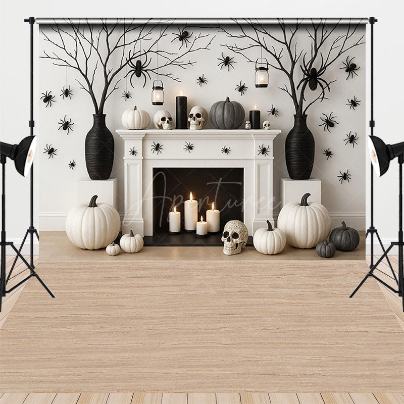 Aperturee - Aperturee Modern Halloween Fireplace Combo Set Backdrop Chic Black and White Decor Spooky Studio Photo Shoots