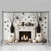 Aperturee - Aperturee Modern Halloween Fireplace Photography Backdrop Chic Black and White Decor Spooky Studio Photo Shoots