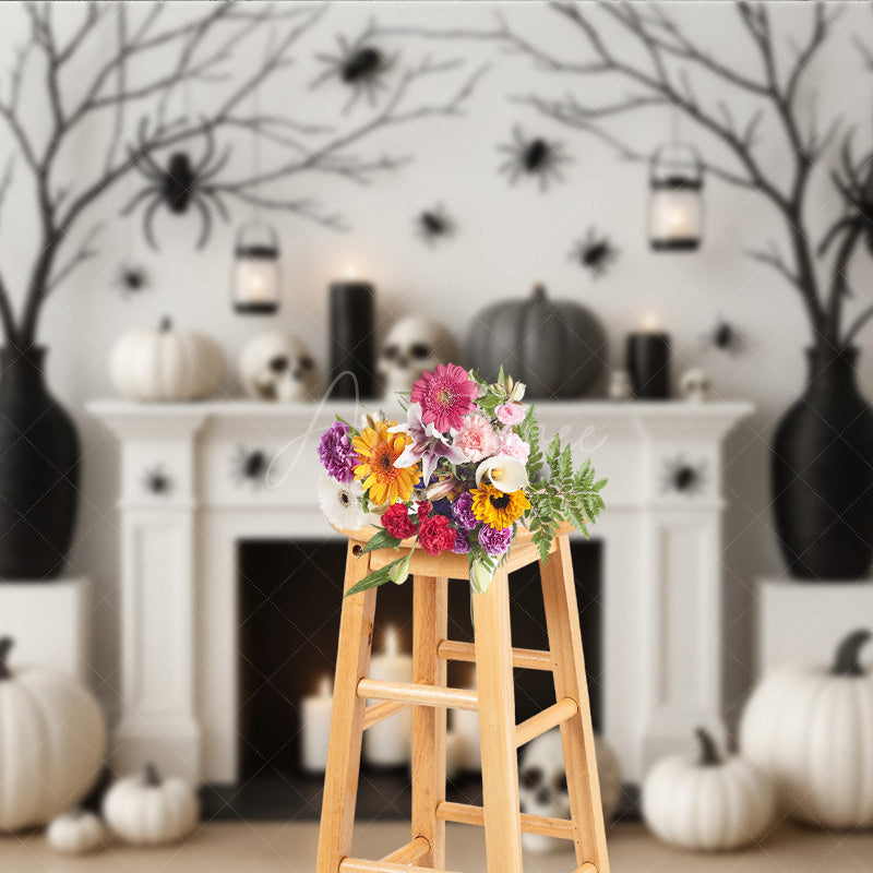 Aperturee - Aperturee Modern Halloween Fireplace Photography Backdrop Chic Black and White Decor Spooky Studio Photo Shoots