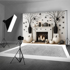 Aperturee - Aperturee Modern Halloween Fireplace Photography Backdrop Chic Black and White Decor Spooky Studio Photo Shoots