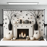 Aperturee - Aperturee Modern Halloween Fireplace Photography Backdrop Chic Black and White Decor Spooky Studio Photo Shoots
