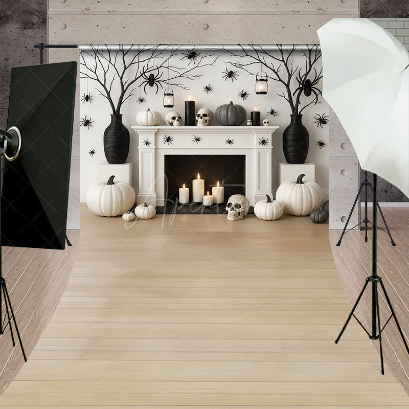 Aperturee - Aperturee Modern Halloween Fireplace Sweep Backdrop Chic Black and White Decor Spooky Studio Photo Shoots