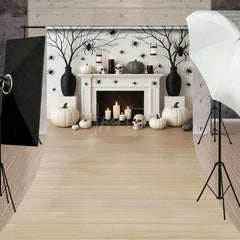 Aperturee - Aperturee Modern Halloween Fireplace Sweep Backdrop Chic Black and White Decor Spooky Studio Photo Shoots