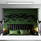 Aperturee Aperturee Modern Halloween Headboard Photography Backdrop Green Wall with Black Bats and Spiderwebs Spooky Bedroom Decor