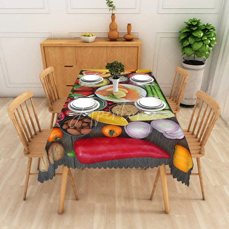Aperturee - Aperturee Modern Kitchen Tablecloth with Colorful Vegetable Pattern for Farmhouse Dining and Healthy Eating Decor