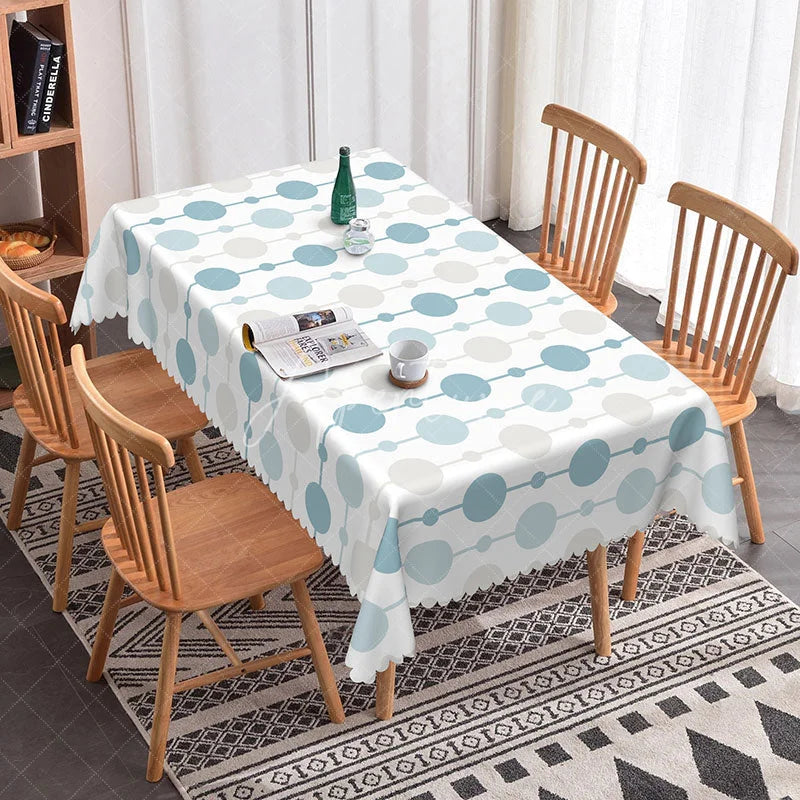 Aperturee - Aperturee Modern Light Blue and Grey Geometric Circles Rectangle Tablecloth Scalloped Edge Dining Table Decor