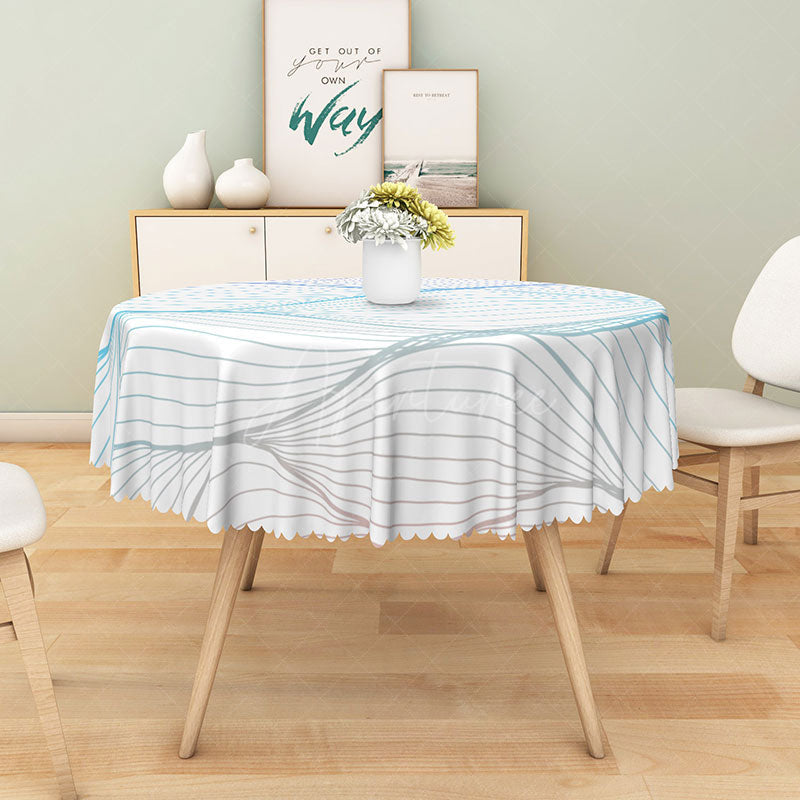Aperturee - Aperturee Modern Light Blue and White Wavy Stripe Round Tablecloth for Coastal and Abstract Kitchen Decor