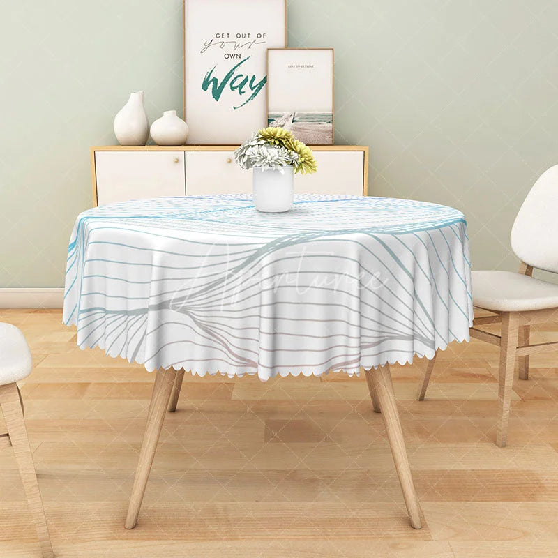 Aperturee - Aperturee Modern Light Blue and White Wavy Stripe Round Tablecloth for Coastal and Abstract Kitchen Decor