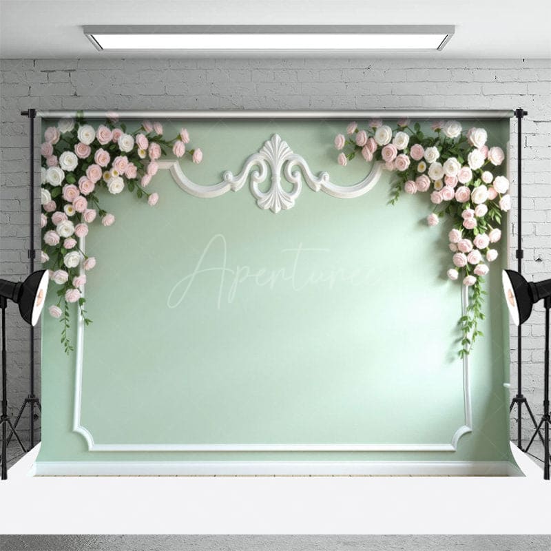 Aperturee - Aperturee Modern Light Green Floral Wall Combo Set Backdrop