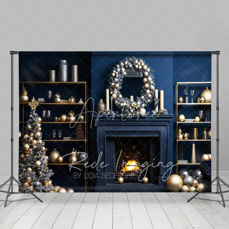 Aperturee - Aperturee Modern Luxury Christmas Backdrop Navy Blue Wall Gold Ornaments Fireplace Photo Background