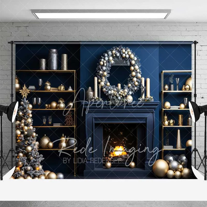 Aperturee - Aperturee Modern Luxury Christmas Backdrop Navy Blue Wall Gold Ornaments Fireplace Photo Background
