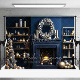 Aperturee - Aperturee Modern Luxury Christmas Backdrop Navy Blue Wall Gold Ornaments Fireplace Photo Background